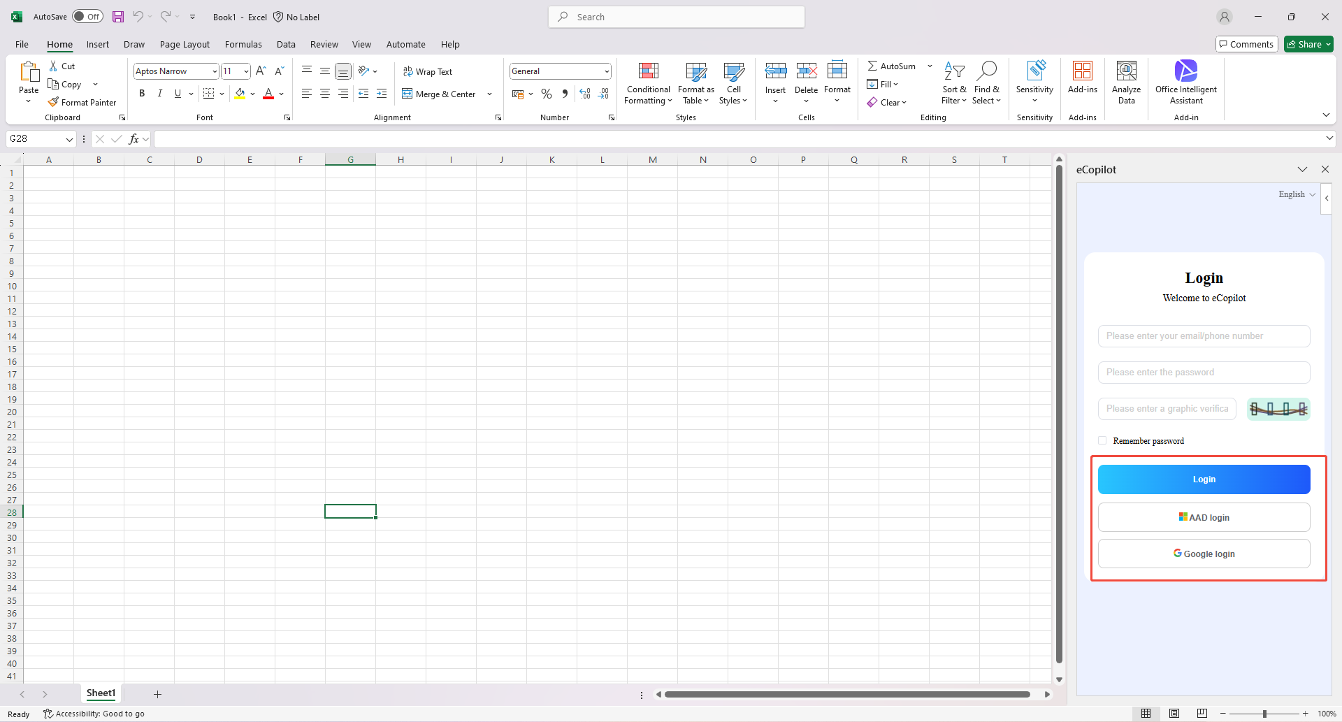 Excel Copilot Login Interface